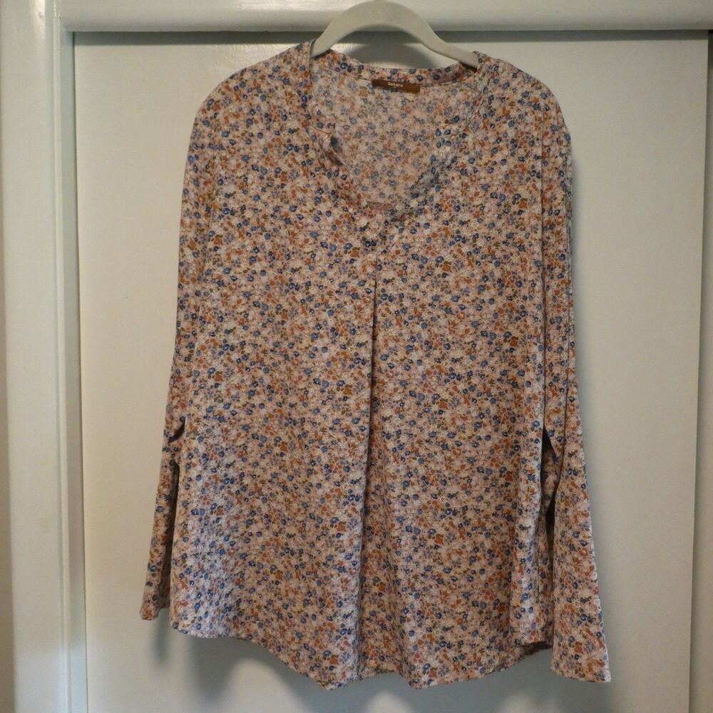 Gaharu Floral Blouse Size XL Long Sleeve Pleated Tunic Pink Blue Multicolor